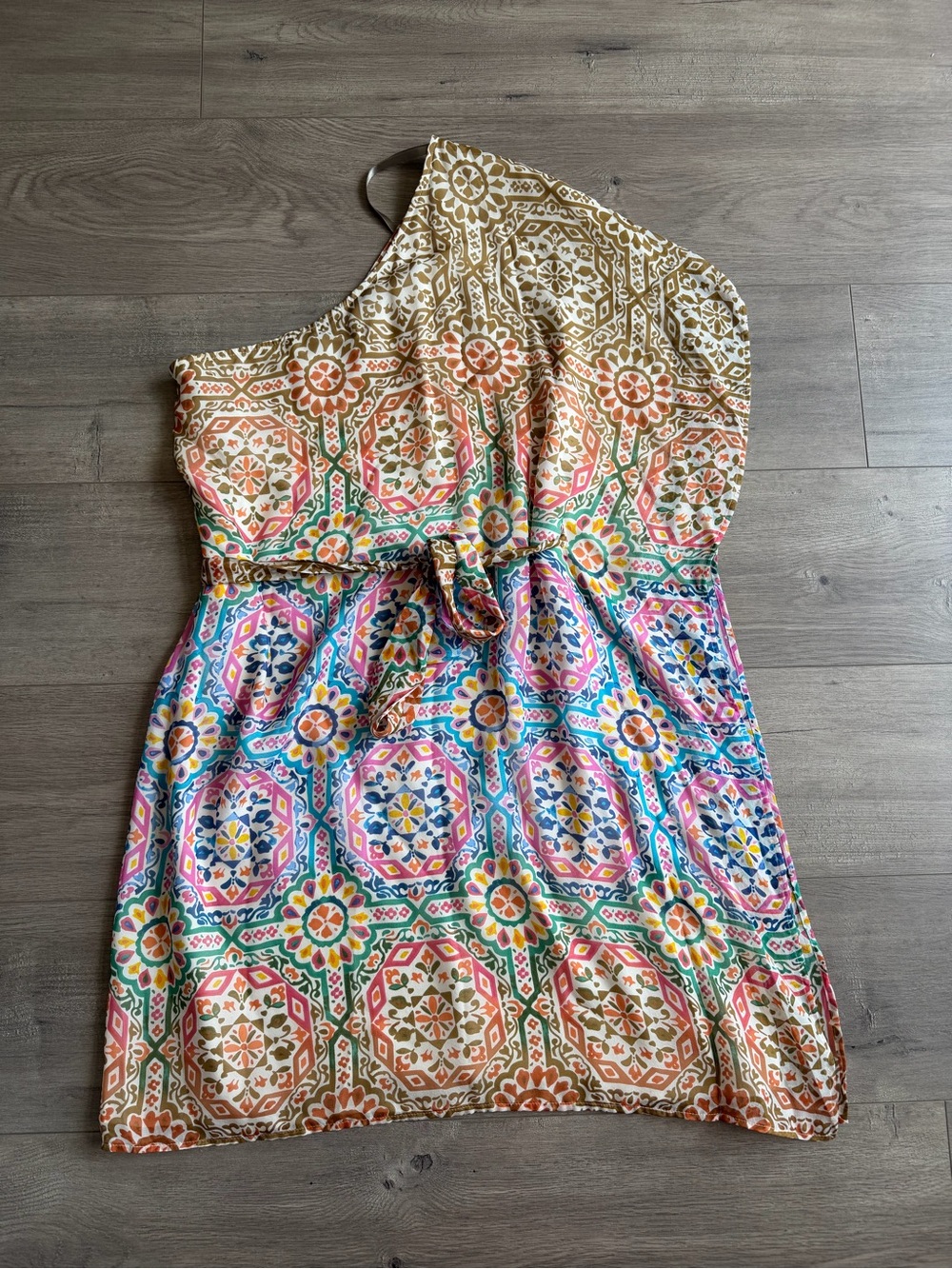 One-Shoulder Multicolor Mosaic Print Dress - size medium